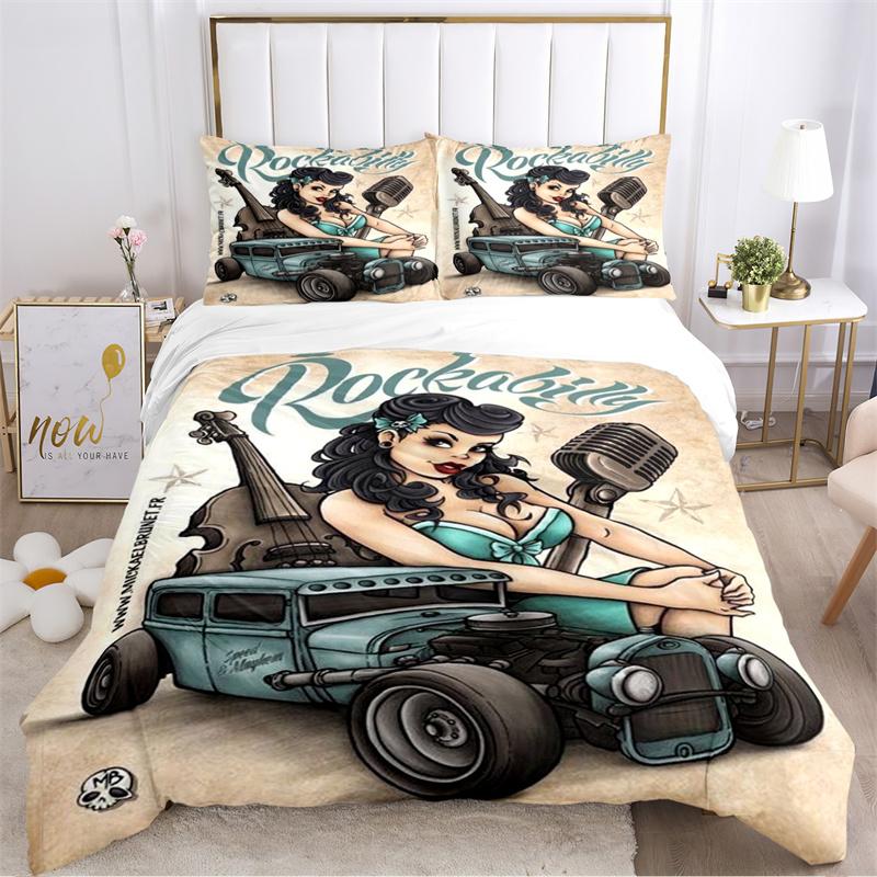 Rockabilly Hip Hop Music Duvet Cover Set with Pillowcase All Season Home Textile Twin Full Queen King Size