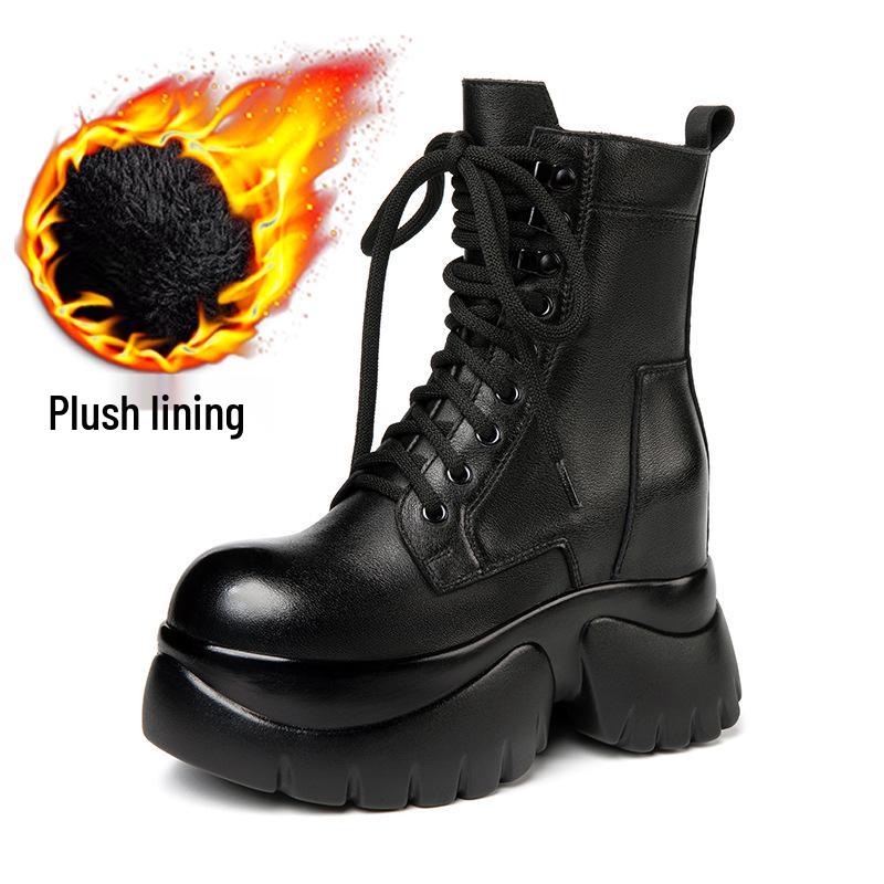 Women's Small Leather Martin Boots - Black British Style, High-Heel, Short, 2025 Autumn/Winter