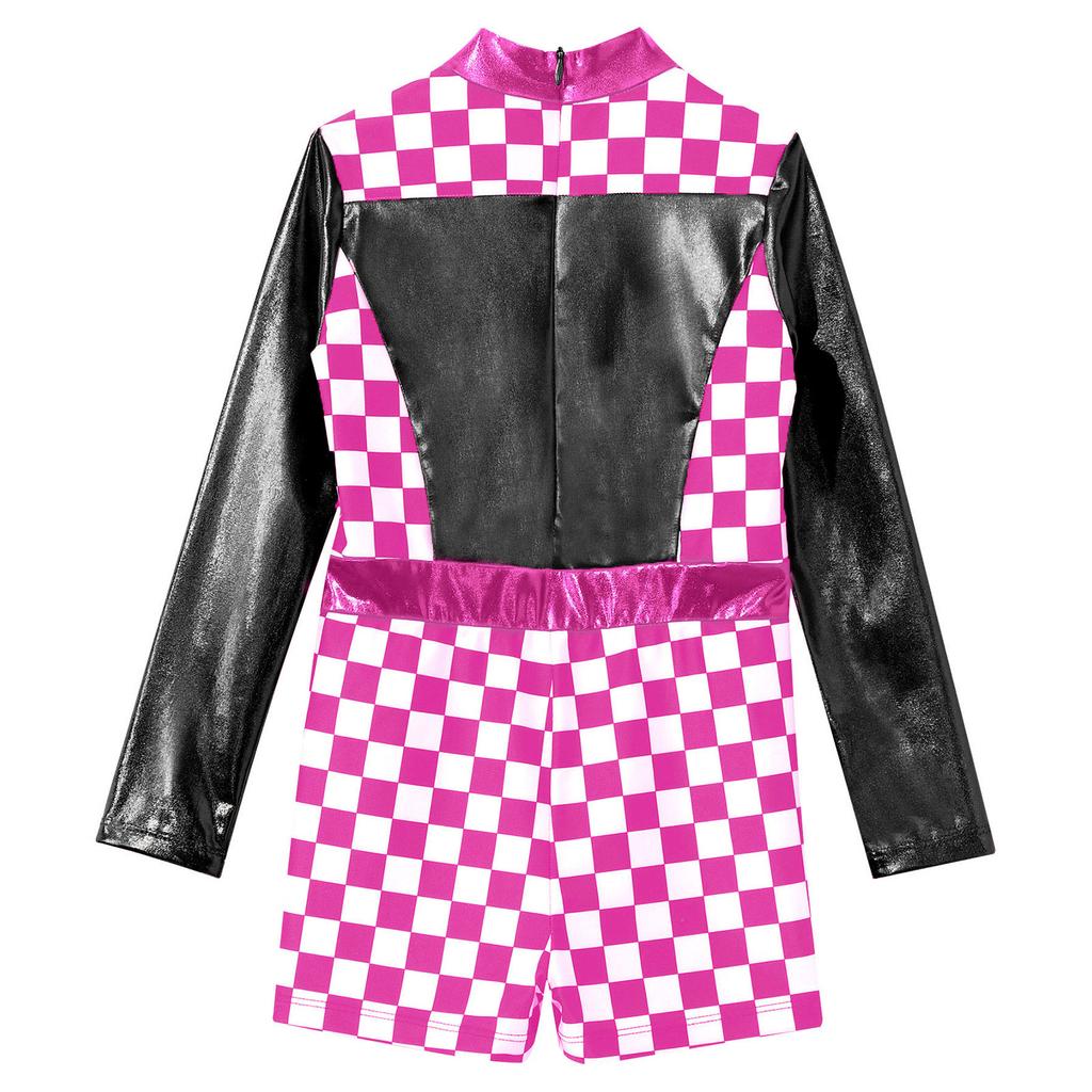 Dívčí závodní auto Kostým závodnice Šachovnicový potisk s dlouhým rukávem Barevný blok Patchwork Záda Zip Krátká kombinéza Cosplay Kostým