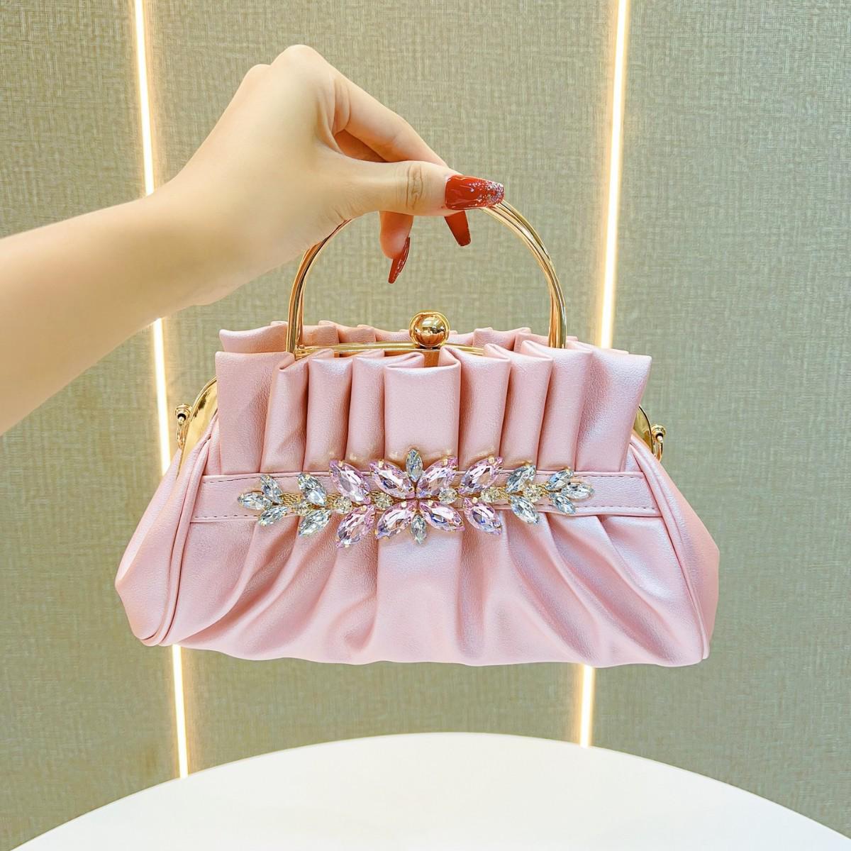 

Ретро жіночі сумочки з діамантовим оздобленням: Плісовані, Модні Вечірні Сумки на Плече та Кросбоді рожевий