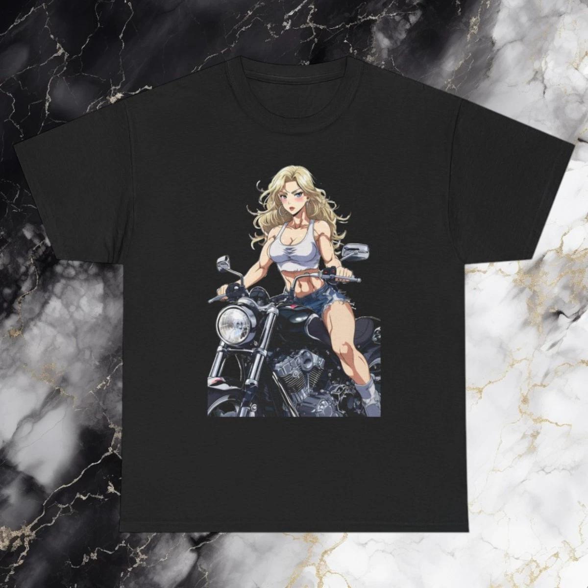Blonde Biker Girl Motorcycle Tee | Anime Pinup Ride Chopper Chick T-Shirt 3XL