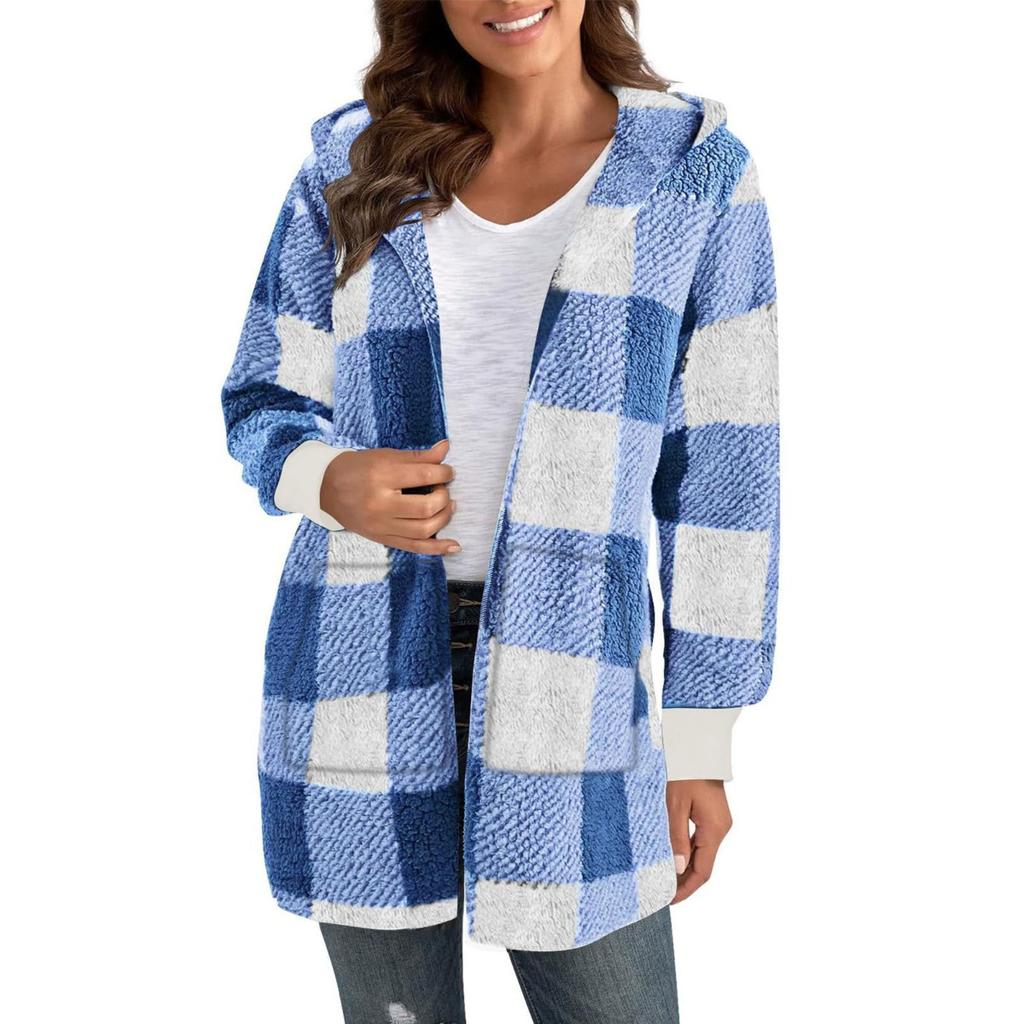 Fall Winter Women's Plaid Hooded Fleece Coat, New Casual Warm Outerwear for Women