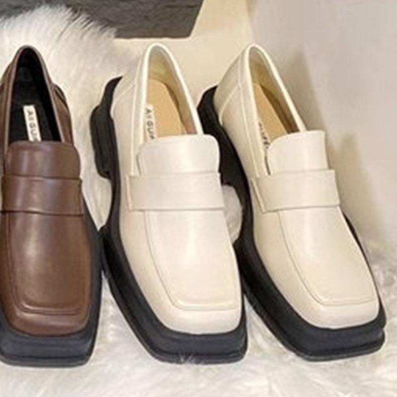 

Нишевый дизайн, британские маленькие кожаные туфли, женские, весна-осень 2025, новые, на толстой подошве, с квадратным носком, ретро лоферы, одинарные туфли, женские 40 бежевый