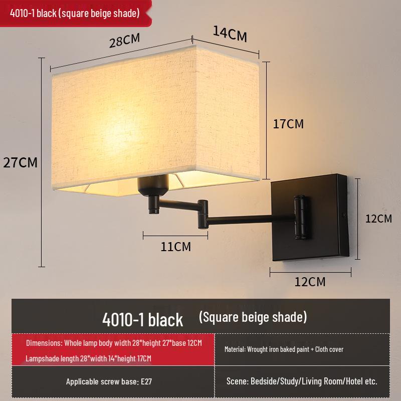 Modern LED Swing Arm Wall Light with Fabric Shade for Bedroom, Study, or Living Room.