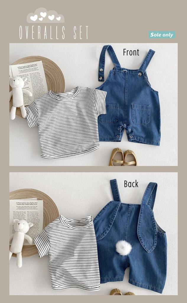 Sole Only Overalls Set Denim Striped Rabbit Tail Removable Tail Rabbit Ears Hook and Loop Cotton Soft Cute Top and Bottom Set Baby Boys Girls Overalls