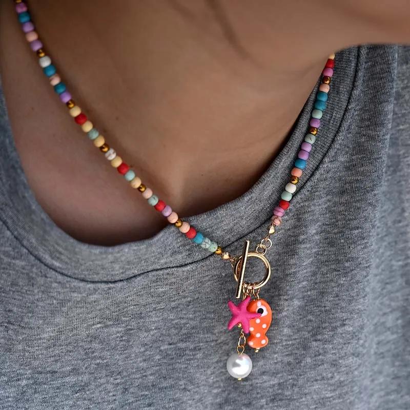 Fashion Ceramic Fish Pendant Necklaces for Women Girls Bohemian Colorful Beaded OT Chain Necklace Jewelry Accessories