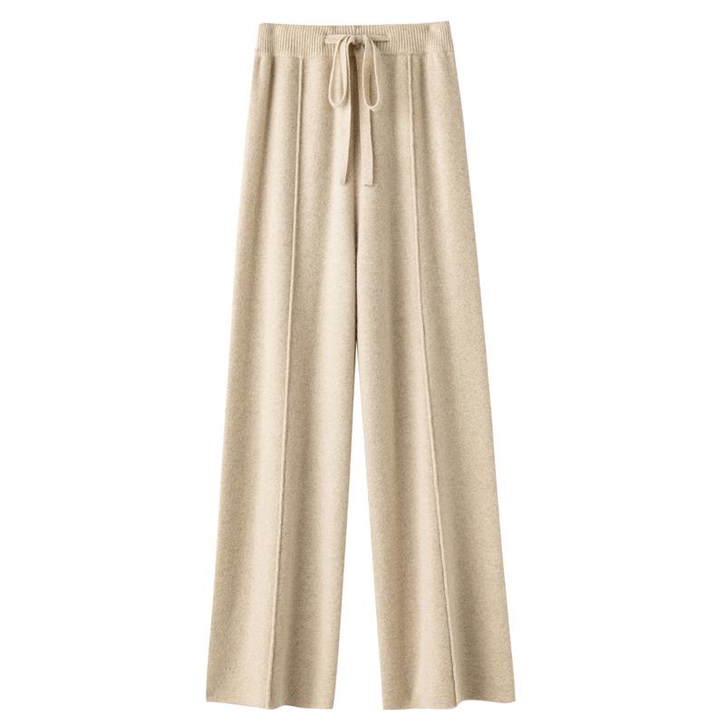 Women's High-Waisted Wide-Leg Wool Pants - Casual, Floor-Length, Straight-Leg, Autumn/Winter, Versatile Knit for a Longer Leg Look