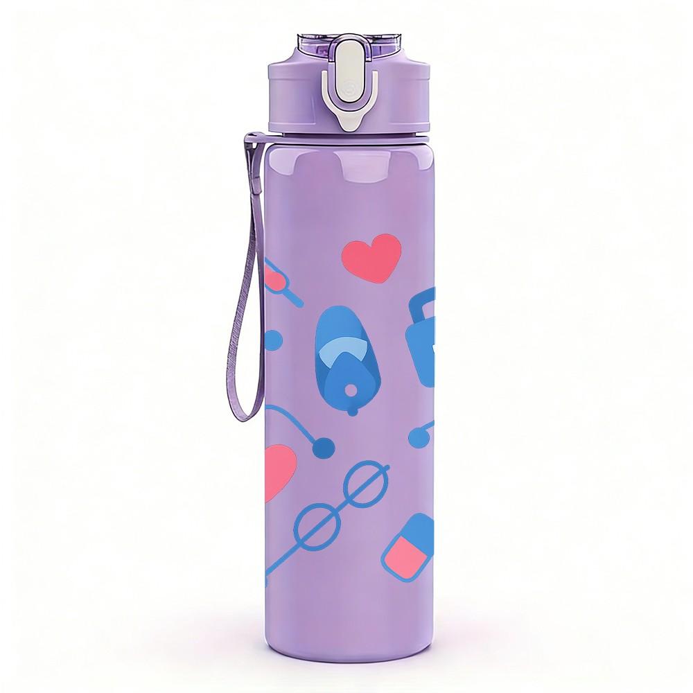 1PC Medical Stethoscope Heart Icon Print 750ml Color Plastic Sports Water Bottle Leakproof Flip Straw Lid Suitable for Sports Office Home Use