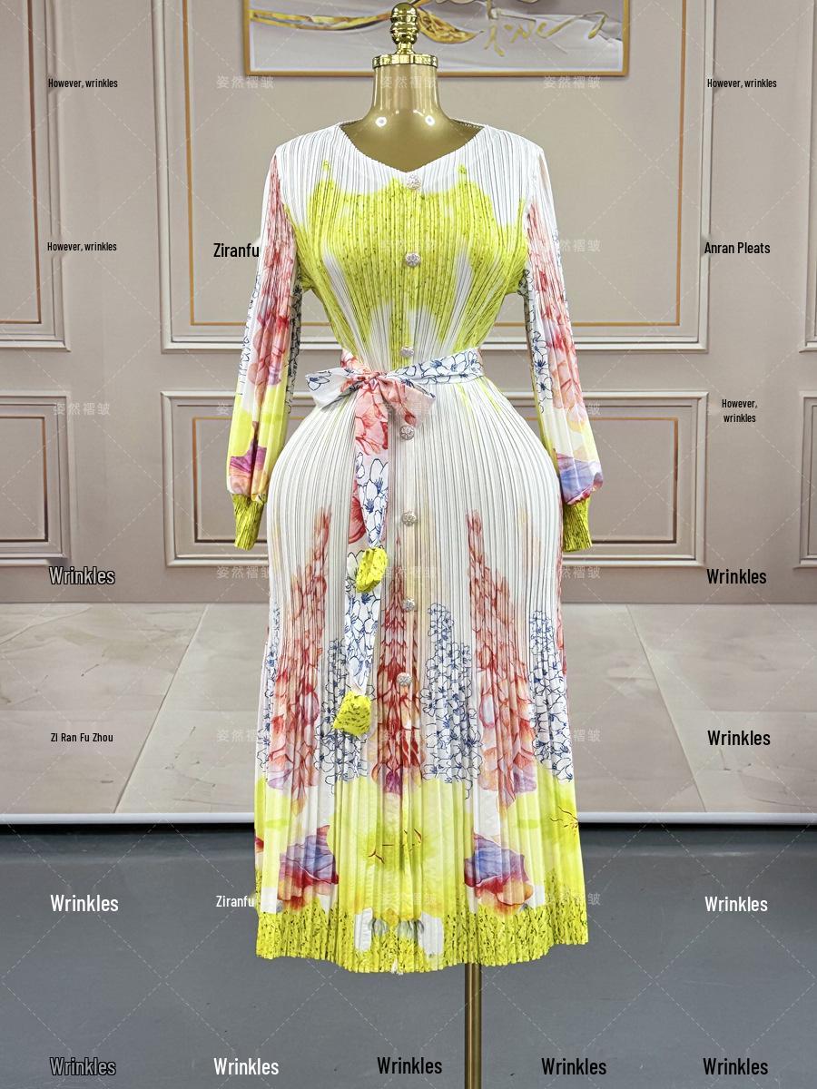 Plus Size African Women s Pleated Dress - Miyake Style, Printed, Lace-up Waist, Elegant Long Fit, Slimming (2026 Collection) One Size жёлтый