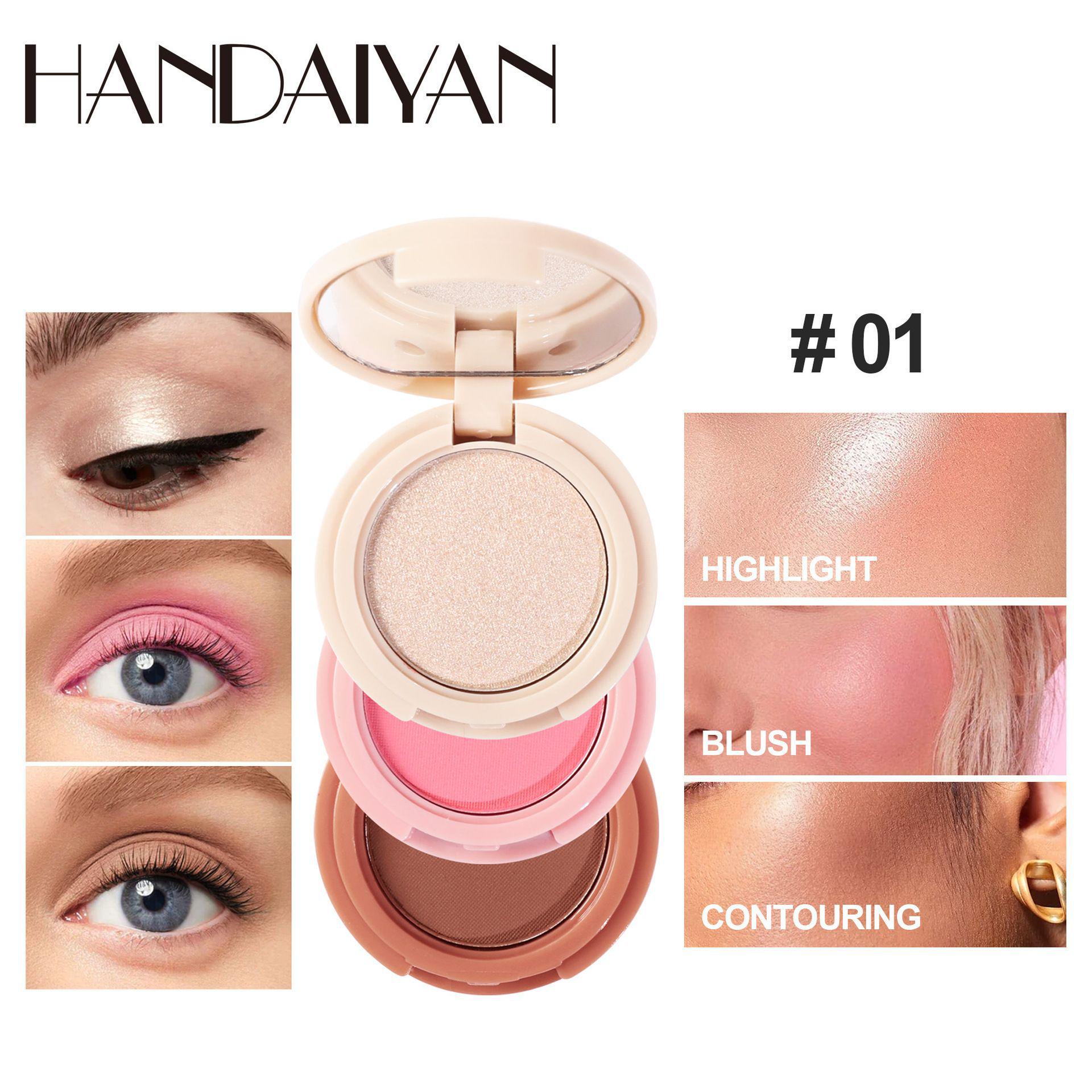 Handaiyan Three-Color Contouring Palette: Long-lasting, Waterproof Highlighter, Blush, and Eyeshadow.