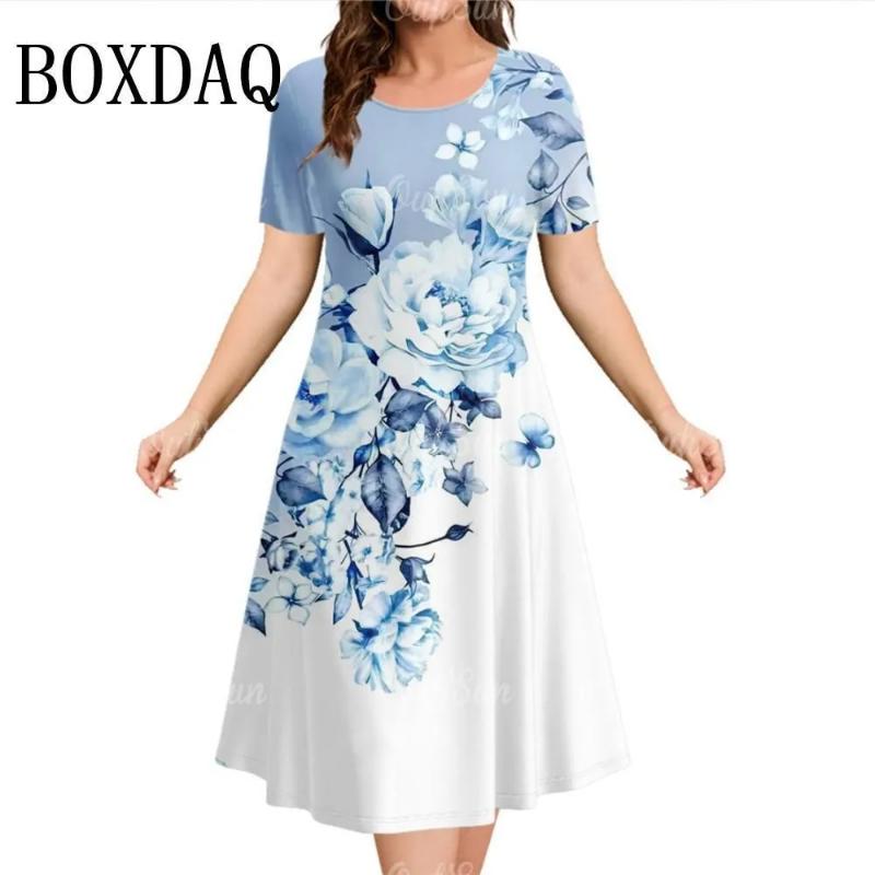 Patterns Women Mini Dresses Summer Short Sleeve Printed Plus Size Casual Comfortable Soft Dress Flower Dress