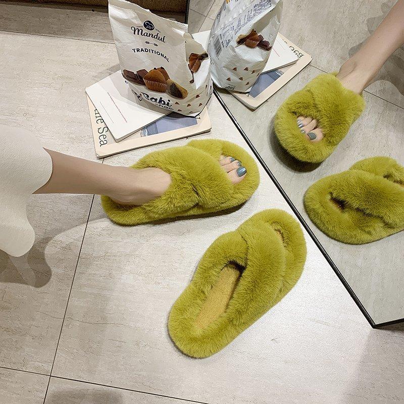 Crossed Plush Thermal Bathroom Casual slippers for Women Platform Anti-slippery Fur Lady Shoes