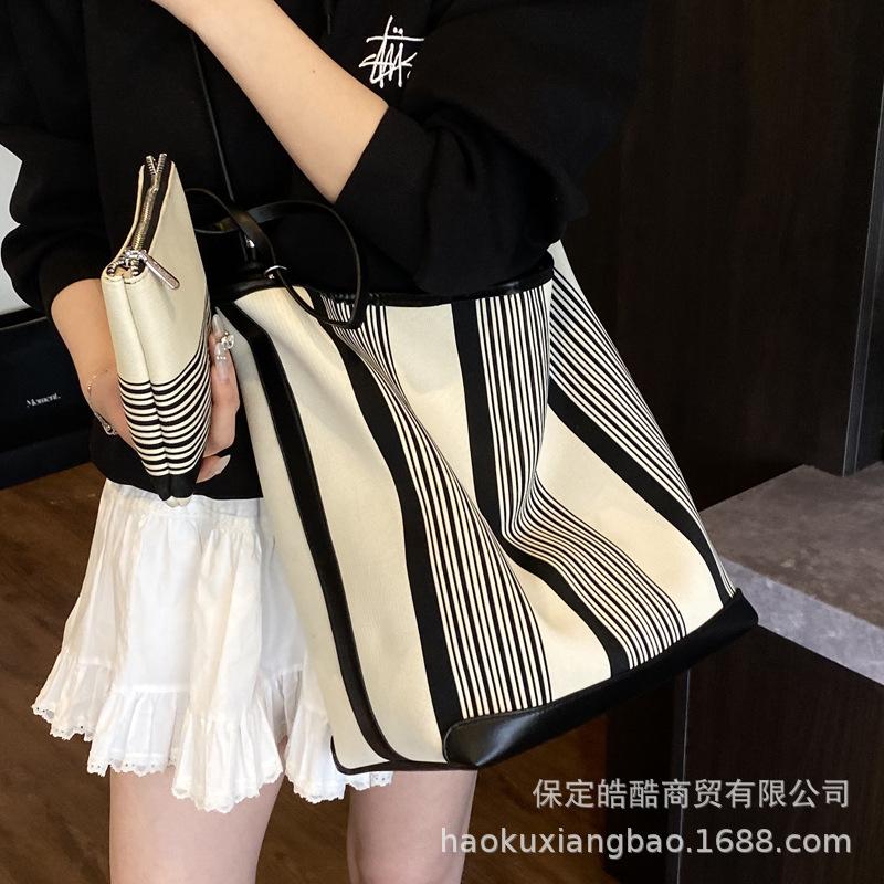 Premium Elastic Weaving Canvas Striped Bucket Bag Korean Lazy Wind Tote Bag Large Capacity Commuter Shoulder Bag