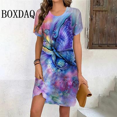 Tie Dye Gradient Butterfly Dresses For Women Summer Fashion Street Casual Short Sleeve Dress Oversized 3D Print Mini Dress
