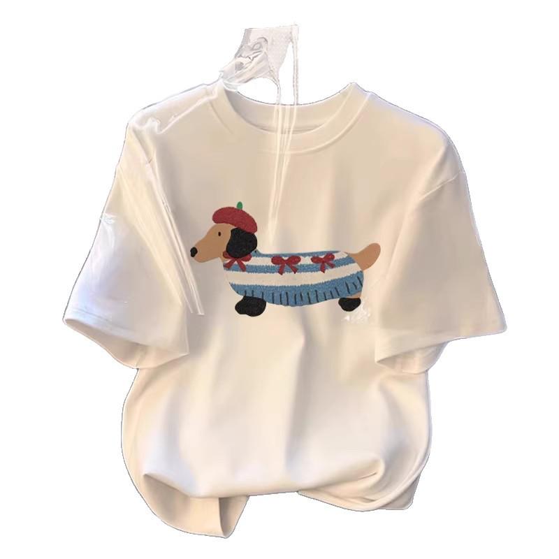 Women's Summer 2026 Cartoon Cotton Loose Fit White Tee