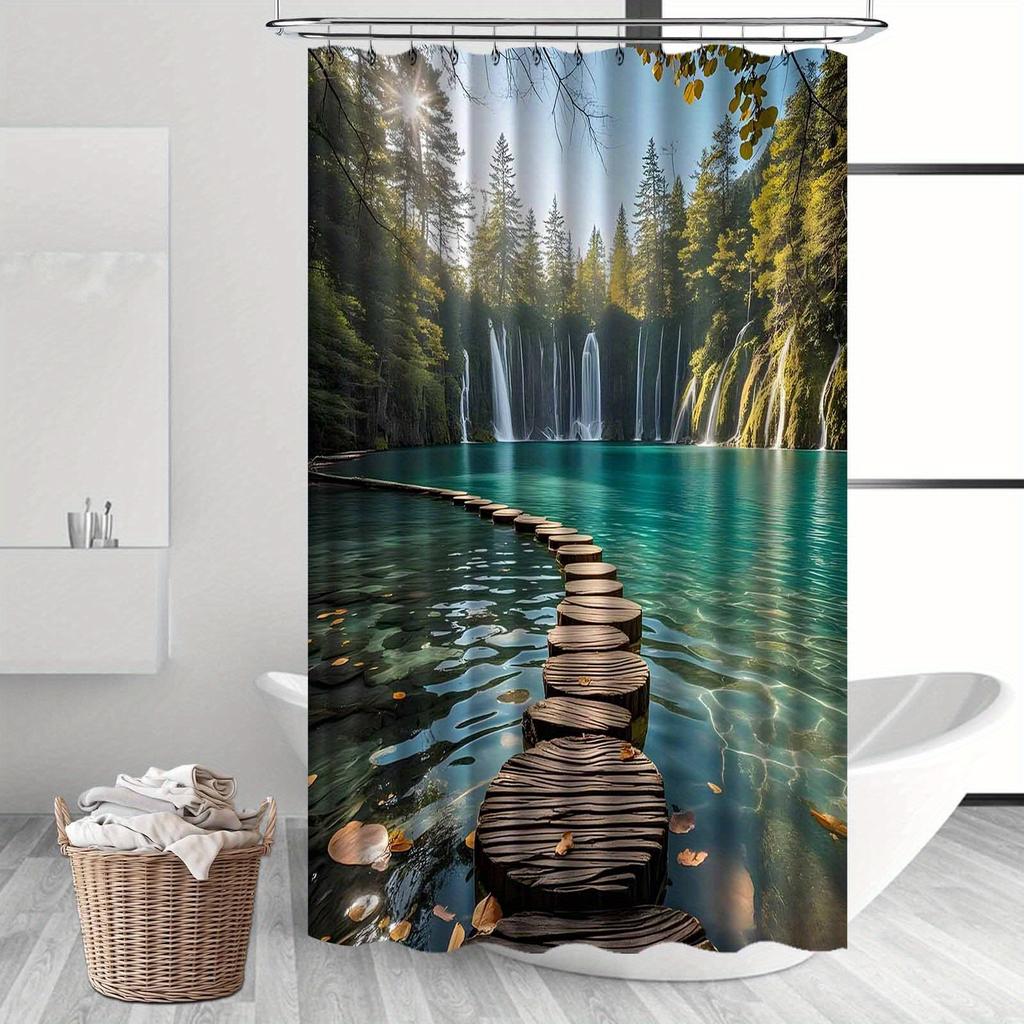Forest Waterfall Shower Curtain Wooden Path Lake Scene Nature Art Calm Wilderness Decor Waterproof Printed Bath Curtain Home