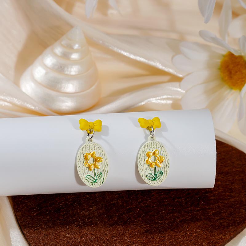 

Silver Needle Mori Style Sweet Flower Bow Earrings - French Romantic Handmade Drip Oil Studs