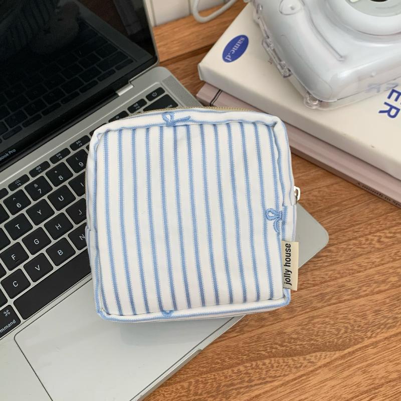 

Striped Plaid Mini Makeup Bag Square Shape Multi-Functional Lipstick Storage Pouch Zipper Closure Embroidered Cosmetic Bag Women