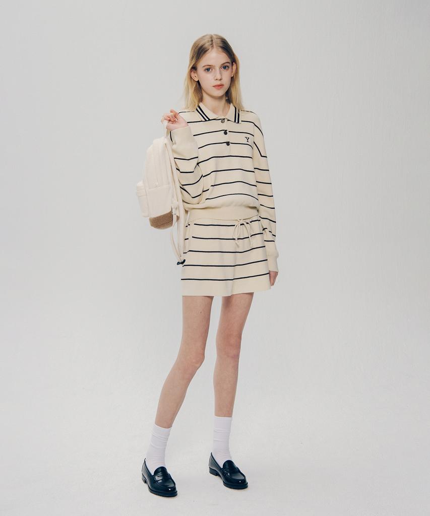 YALE Women'S Y Logo Striped Polo Knit_Ivory