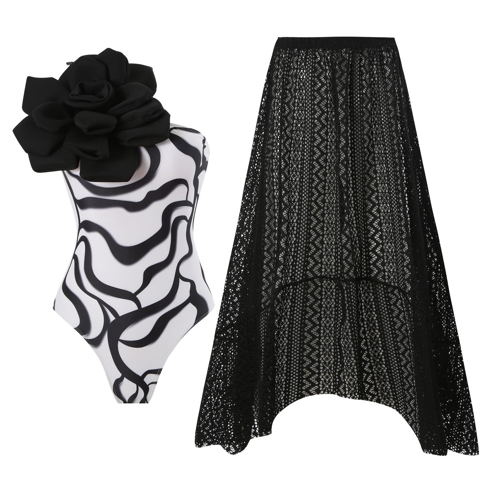 

Жіночий однотонний купальник на одне плече з 3D-квітковим декором і мереживною прикриваючою сукнею, літо, чорно-біла XL чорний/білий