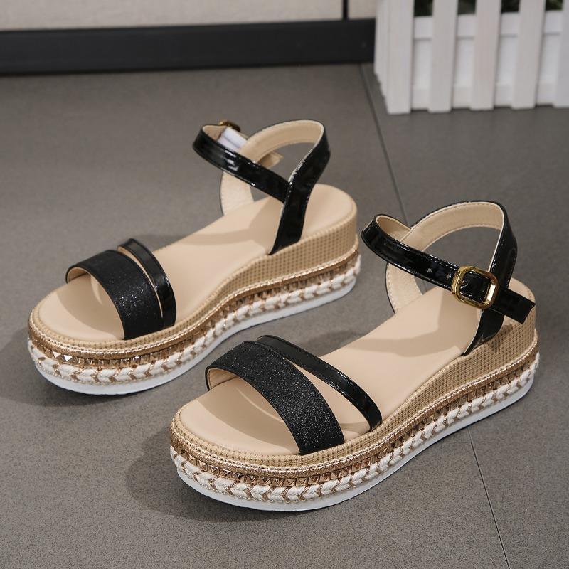 Spring and summer new rivet glossy wedge sandals women's one-word with buckle muffin thick-soled large-size women's sandals