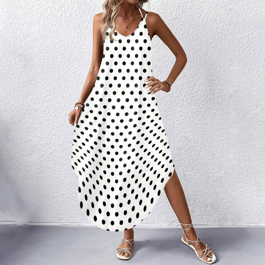 Women V Neck Polka Dot Printed Sleeveless Maxi Dress with Pockets Loose Fit Casual Beach Long Sundress for Summer