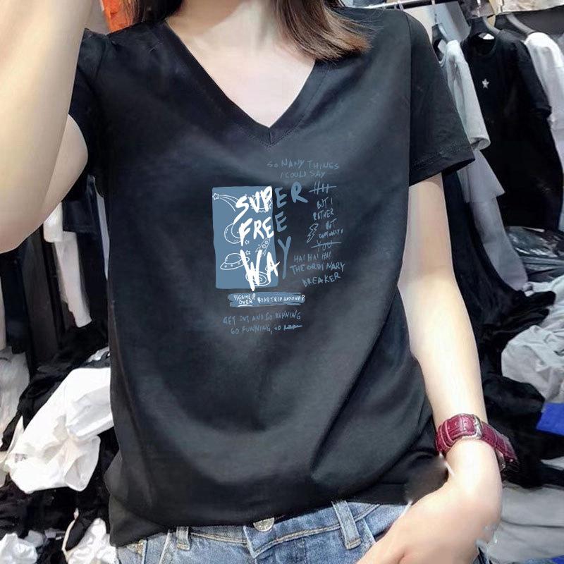 White Short-sleeved T-shirt for Women In Summer New Women's Letter Pattern Printed Cotton T-shirt V-neck Top