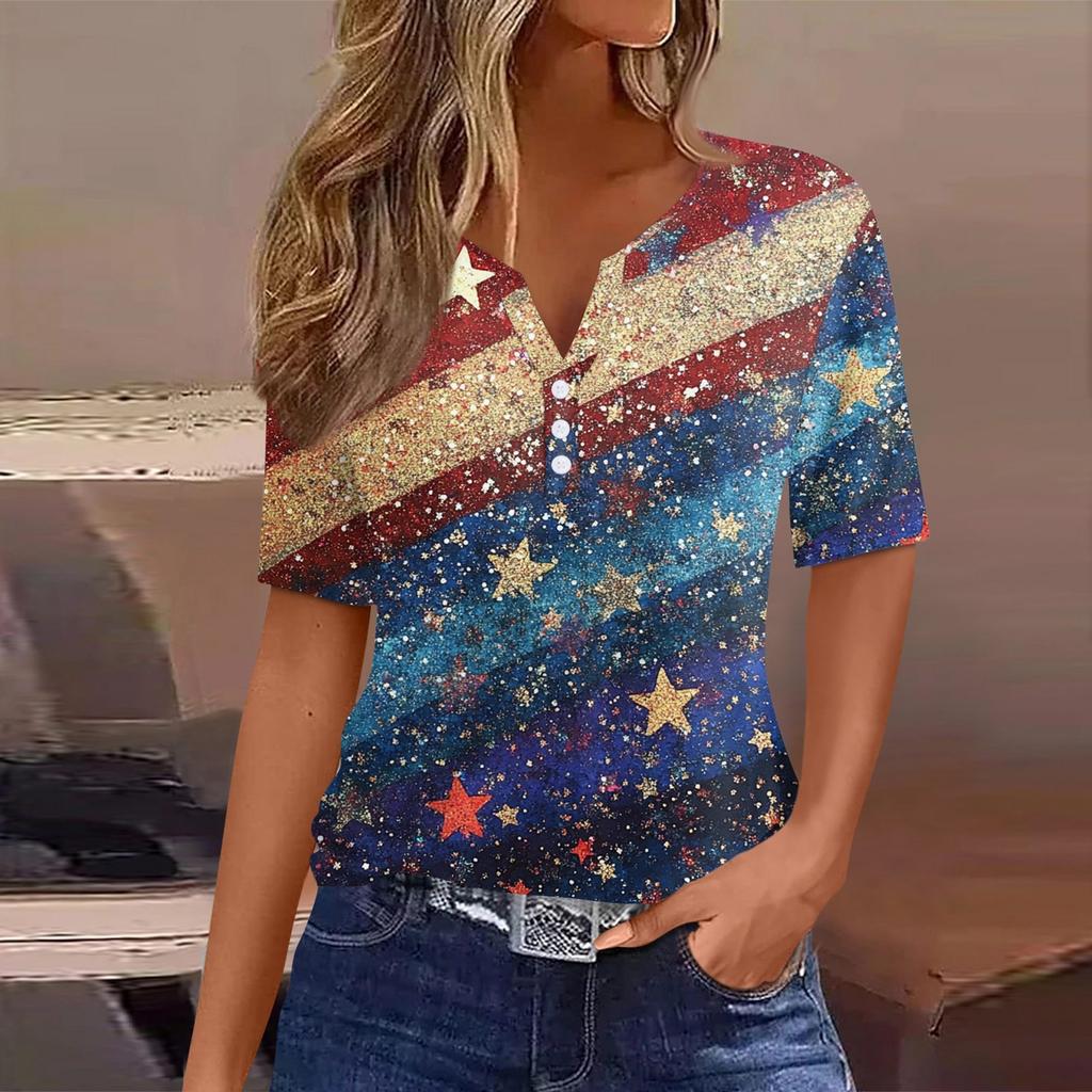 Women's T Shirt Tee Independence Day Printed Button Short Sleeve Tunic Daily Weekend Fashion Basic V- Neck Regular Top
