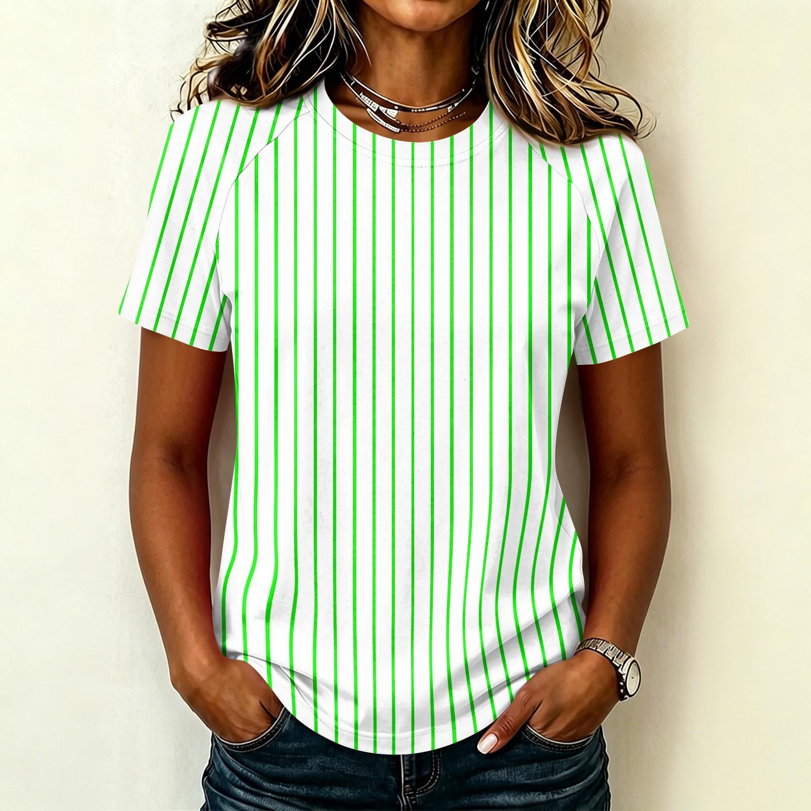 Women s Casual Short Sleeve Raglan Sleeve Top Striped Printed Crew Neck Lightweight Summer Shirt XXXL