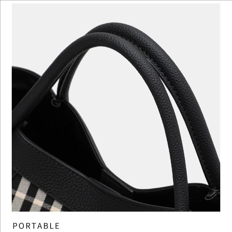 Women's Canvas and Genuine Leather Tote Bag Plaid Design Top Grain Cowhide Shoulder Handbag for Everyday Use Black and White