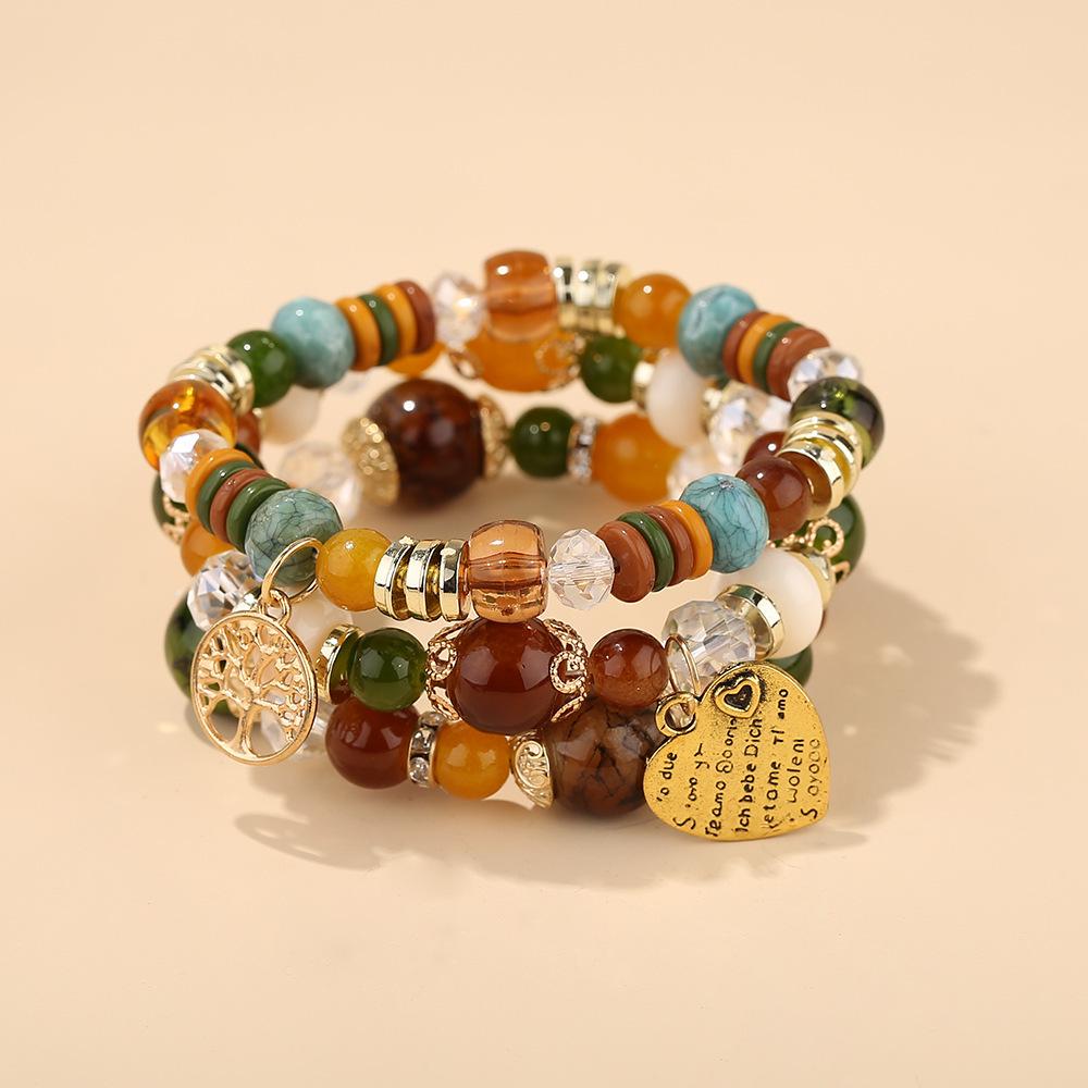 Bohemian Multi-Layer Beaded Bracelets with Tree of Life & Heart Pendants