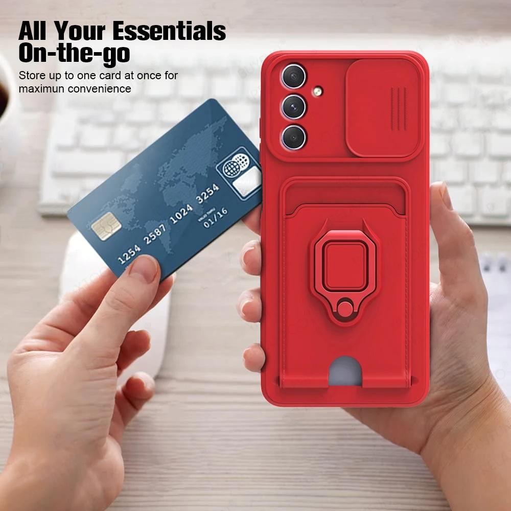 Luksuslik kaamera lükatav aknaümbris Samsung Galaxy A55 A35 A15 A25 A54 A34 A14 A53 A52 S24 S23 Ultra kaardipesa magnetiga telefoni kate