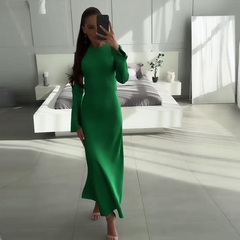 2024 Autumn European & American Solid Color Round Neck Slimming Long Sleeve Bodycon Dress for Women