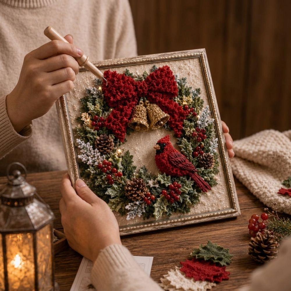 Handmade Christmas Fabric Poke Art Kit Educational Wall Hanging 3D Fabric Embroidery DIY Set Unique Vintage
