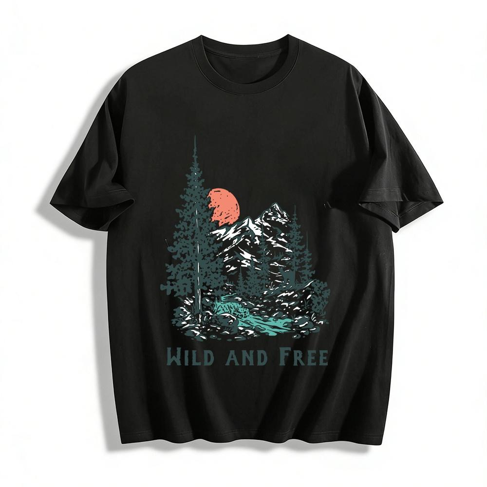Wild And Free Outdoor Graphic Tee Mountain Forest Print Casual Top Pure cotton T-shirt XXS