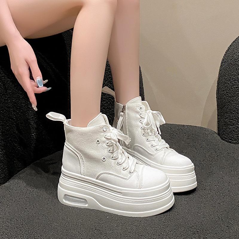 Fashion 8CM Autumn Spring Boots Women High Platform Sneakers Height Increasing Ankle Boots Thick Sole ZIP Breathable Canvas Women shoes
