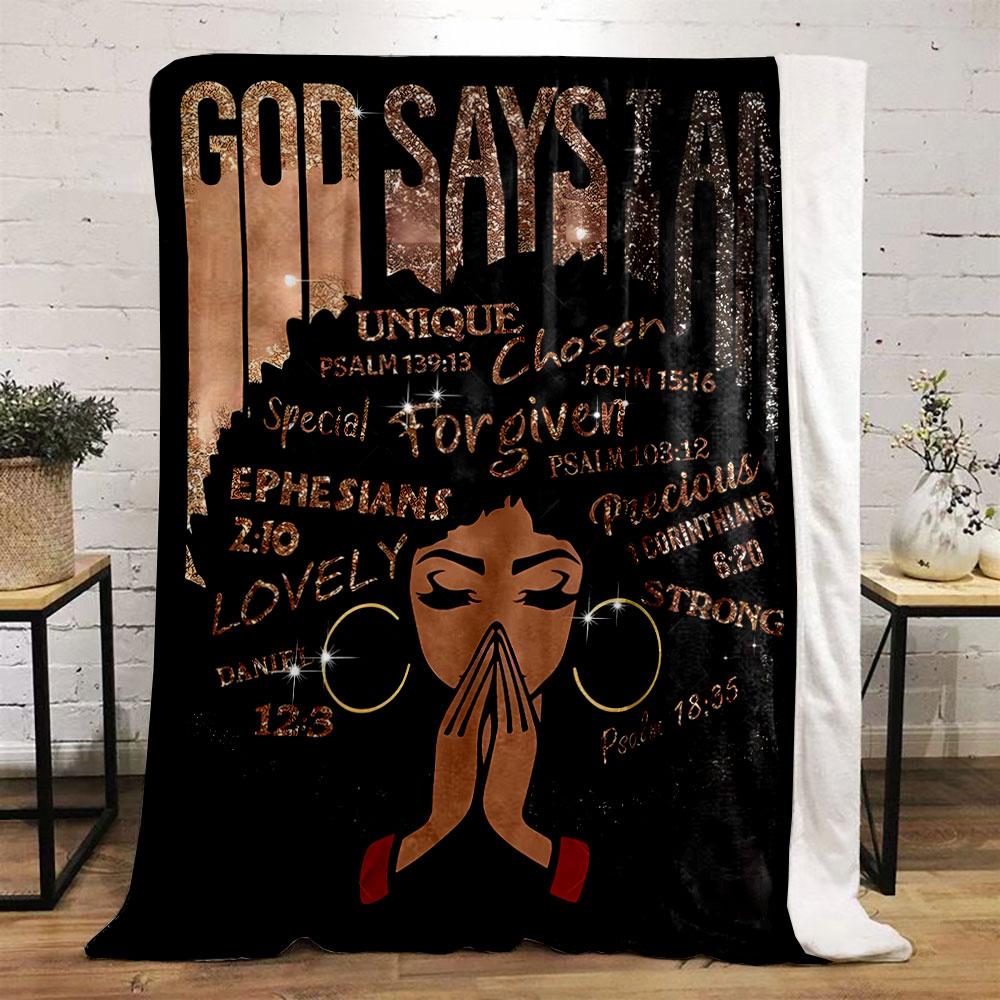 God Says I Am Religious Blanket with Inspirational Scripture and Afro Lady Design Blanket for Livingroom Lunch Break Throw for Friend's Festival Gift