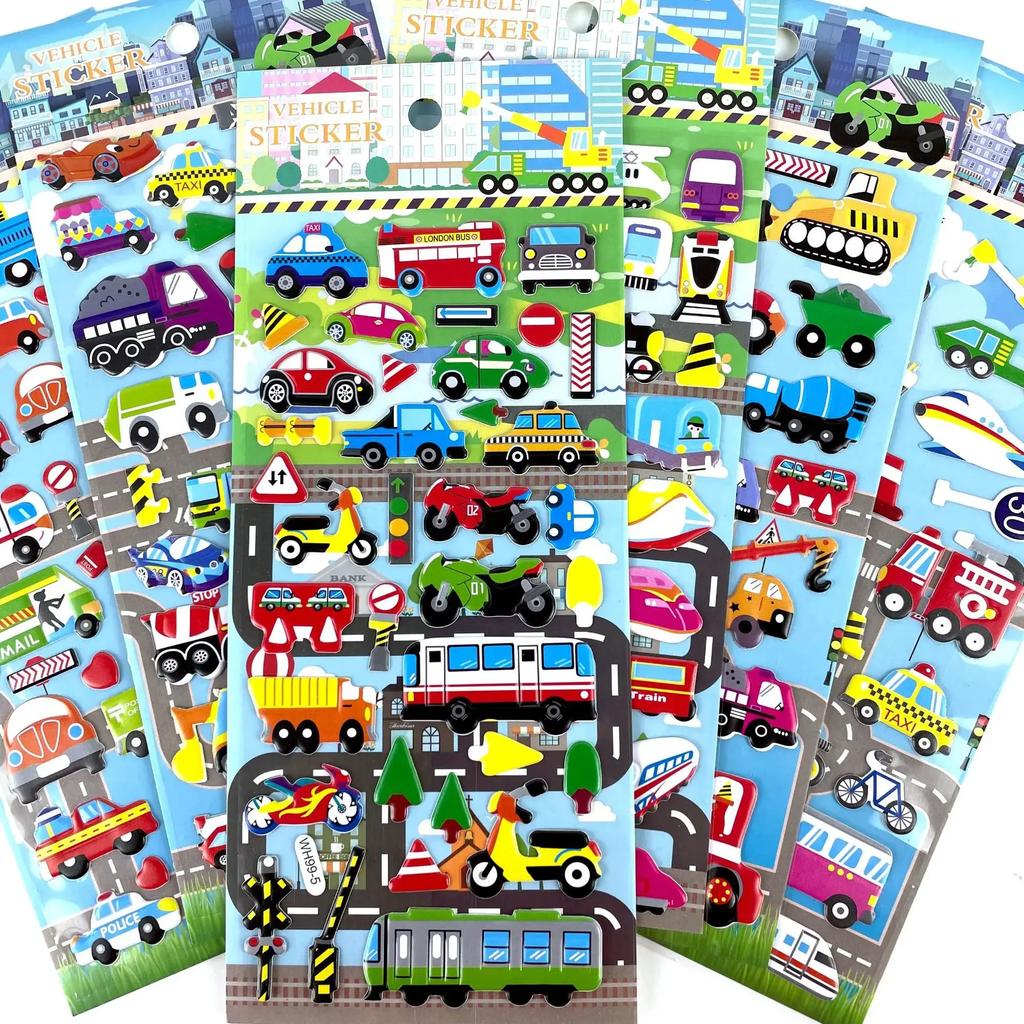Car Cartoon Kids Childrens Toys 6 Sheets 3D Bubble Sticker Truck Plane Traffic Waterproof Anime Stickers For Girl Boy Funny Learning Educational