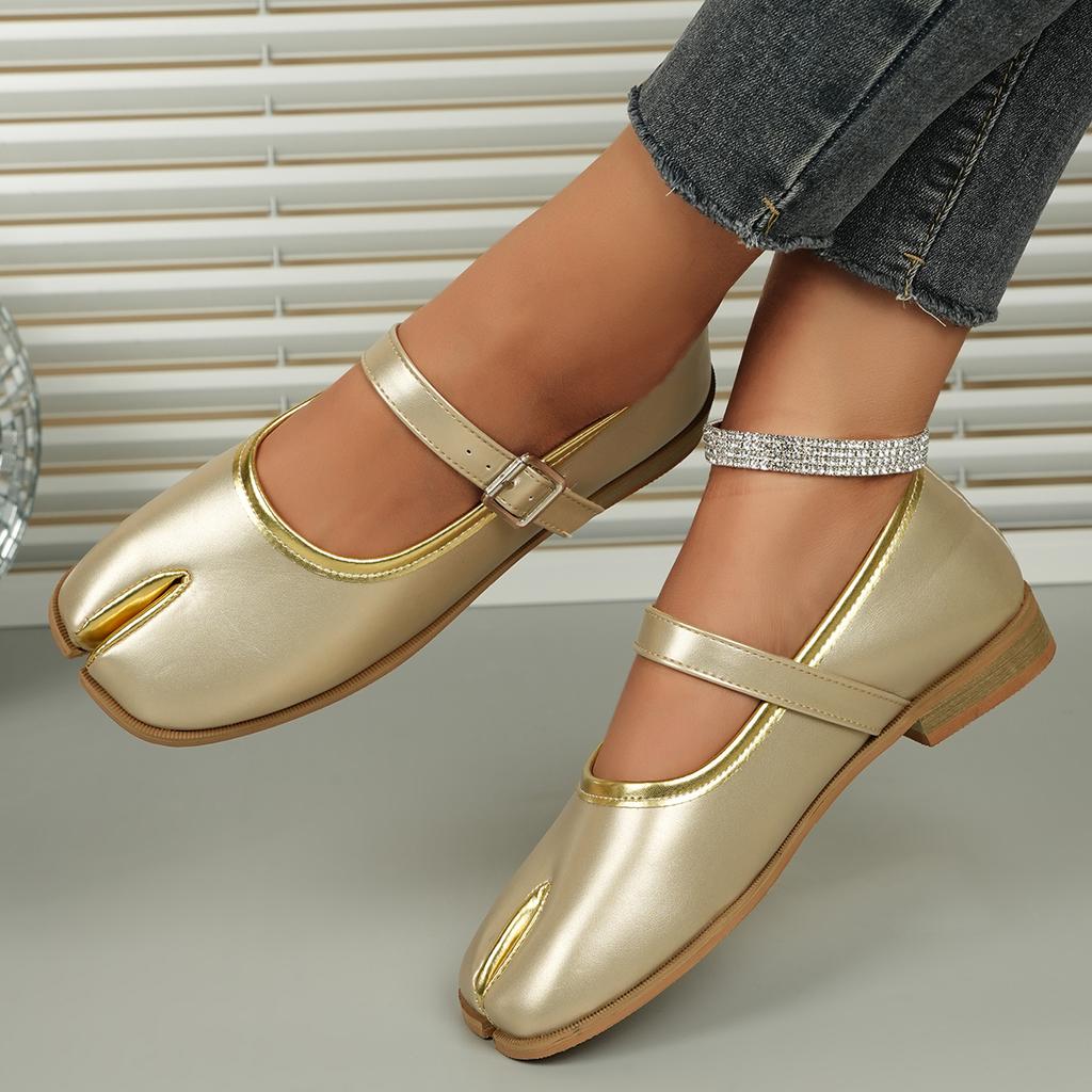 Fashion Silver Tabi Ninja Mary Janes Ballet Shoes Women Buckle Plus Size 35-42 Leather Split Toe Flats Shallow Loafers Summer Pumps 2025