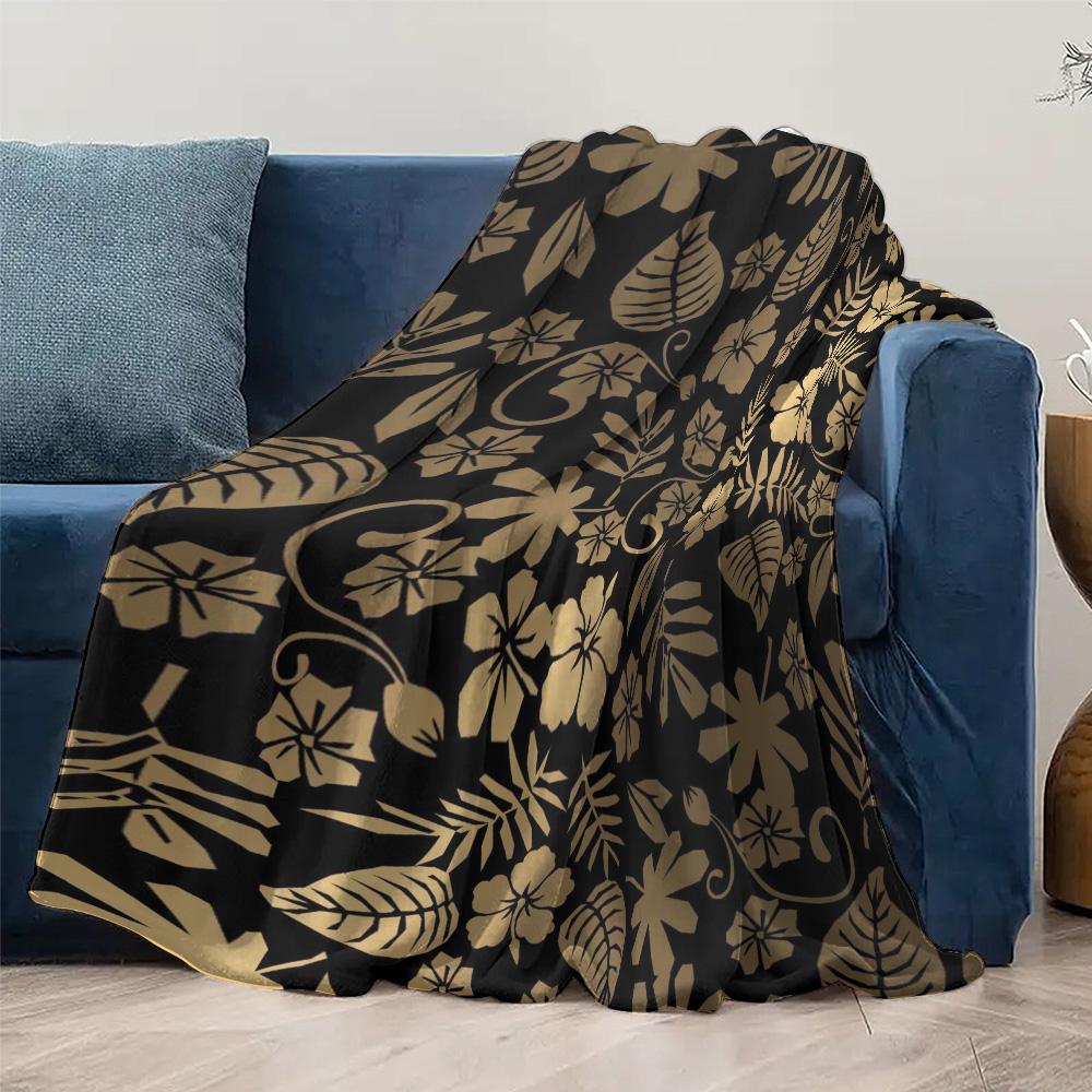 Black Floral Fleece Blanket with Golden Leaves Waterproof Warm Throw Bed Sofa Cover for Girls Teen Kids