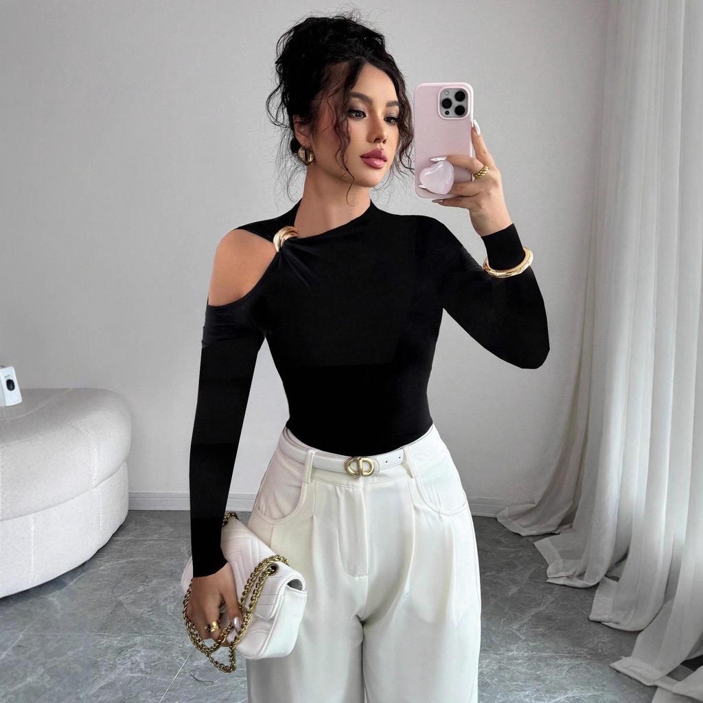 Long-Sleeve Top with Slanted Neckline, Metallic Embellishments