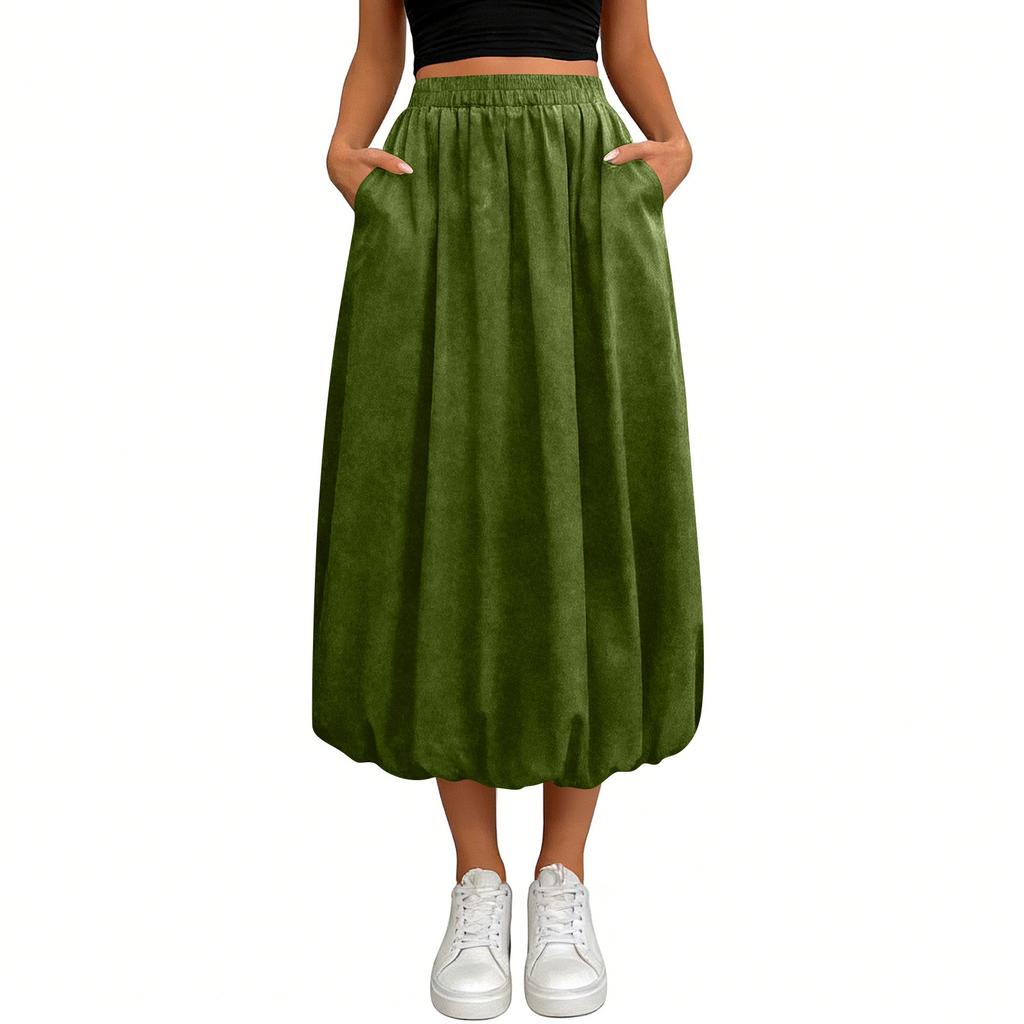 Falda de Media Longitud con Bolsillo de Color de Moda para Mujer, Holgada, Estilo Flor de Capullo, Cintura Elástica de Calle