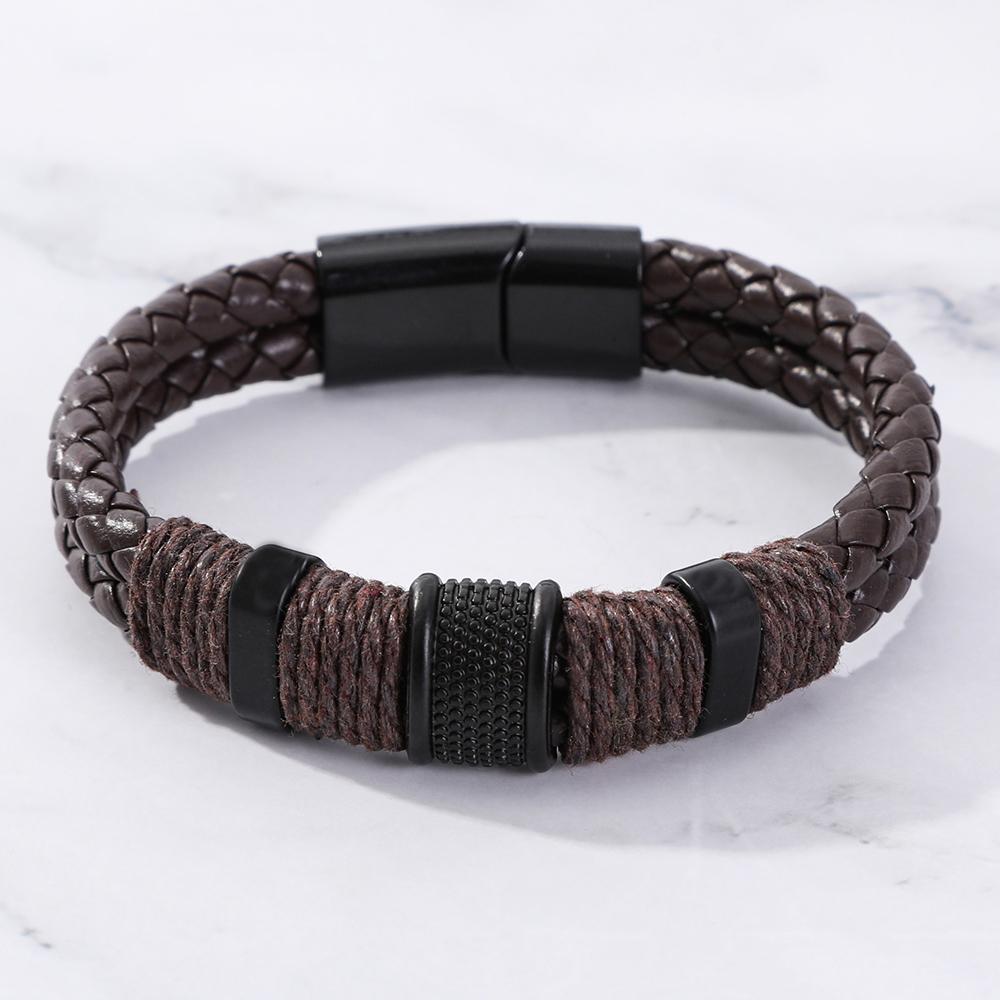 Leather Woven Bracelet Double-Layer Retro Trendy Punk Minimalist Texture Magnetic Buckle Men's Women's Bangle Couple Jewelry