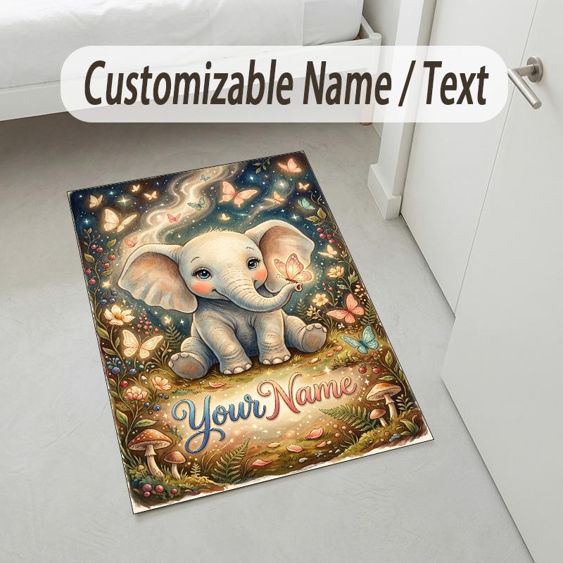 Elephant Theme Crystal Velvet Rug Personalized Custom Name Text Soft Floor Mat Home Decor