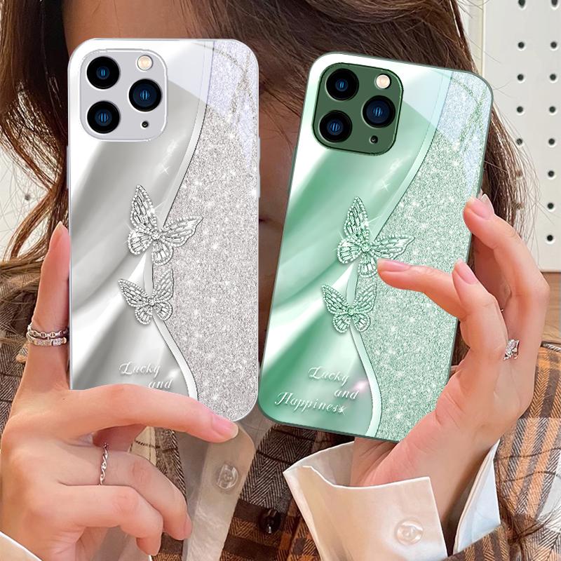 Goldener Schmetterling für iPhone 16 Pro Max 15 Pro 14 13 12 Mini 11 XS Max XR 7 8 Plus SE 2022 Gehärtetes Glas Handyhülle