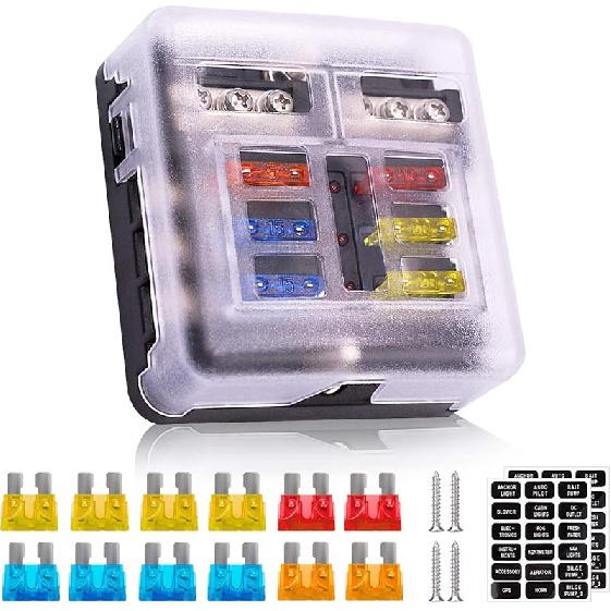 12V Fuse Box 6 Way 12 Volt Fuse Block ATO/ATC with LED Indicator Light Waterproof 24V for Marine Automotive Boat Car Truck 6 Way