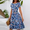 Women's Casual Fashion Round Neck Pleated Short Sleeve Floral Print A-Line Midi Dress