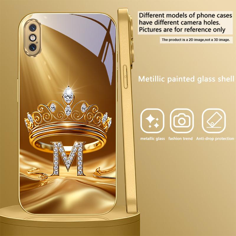 Inel Coroană Aurie Scrisoare Pentru iPhone Air 16E 15 PRO 14 13 Plus 12 mini 11 17 Pro Max XR 16 17ProMax 17Pro Carcasă Telefon Aurie din Sticlă