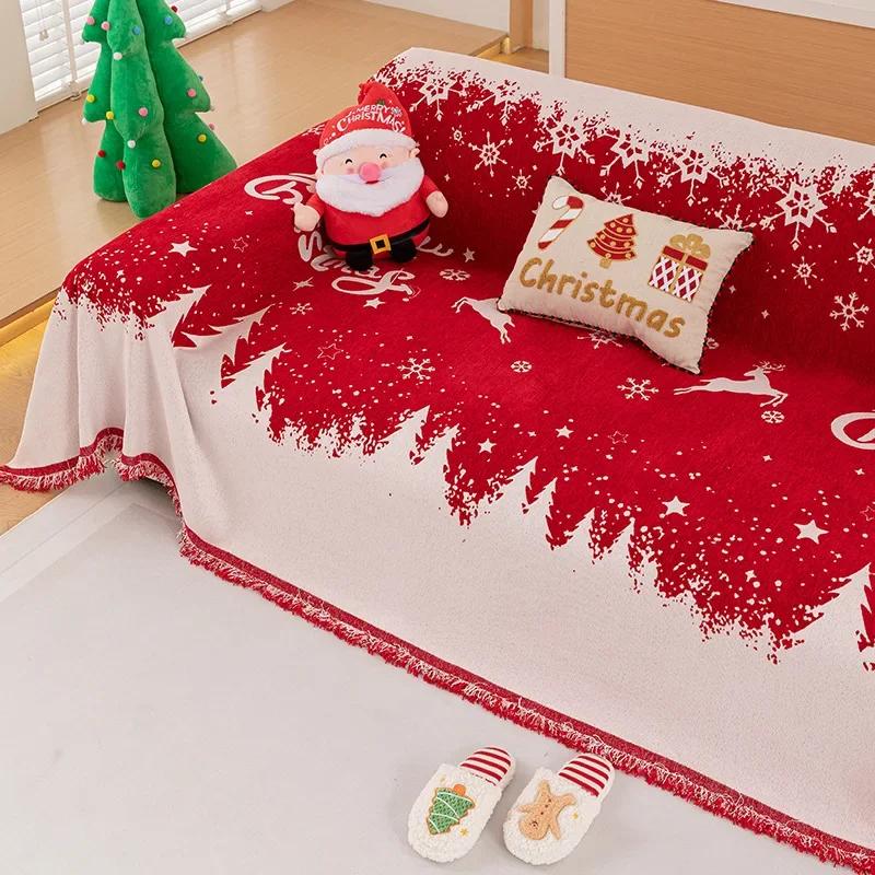 Christmas Style Couch Covers for Sofas Living Room New Year Decoration Chenille Red Throw Blanket Winter Universal Slipcovers
