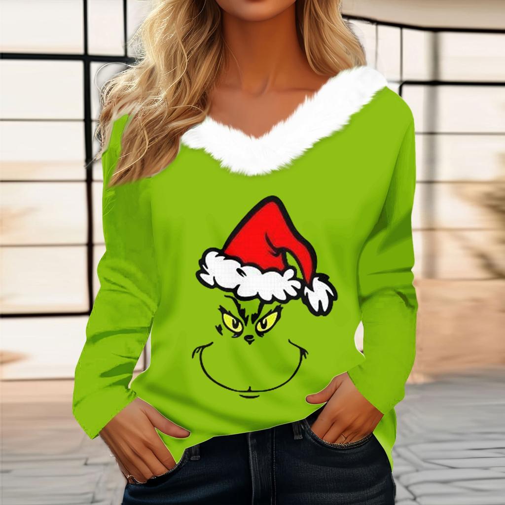 Women's T Shirt Tee Christmas Shirt Long Sleeve Party Christmas Fleece Collar V Neck Top